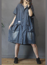 Vestido vaquero gris vintage con bolsillos grandes